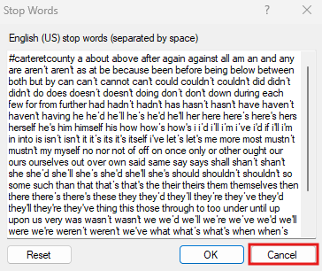 Stop Words window with Cancel highlighted.