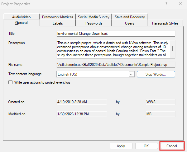 Project Properties window open with Cancel highlighted.