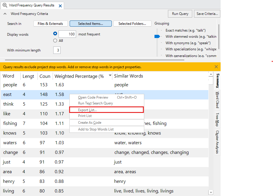 Context menu for the summary table with the export list... option outlined in red.