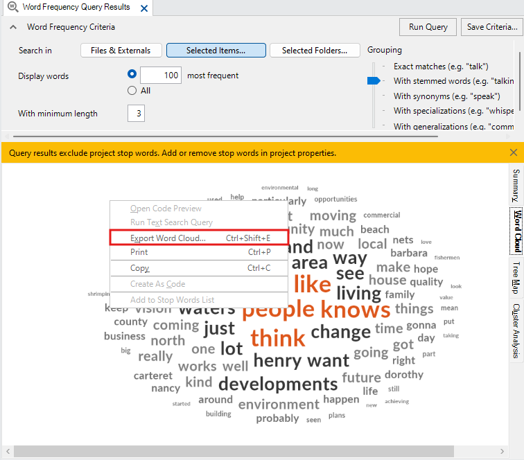 Context menu on the word cloud with the Export Word Cloud... option outlined in red.