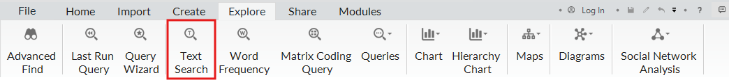 In the Ribbon, under the explore tab, Text Search is outlined in red.