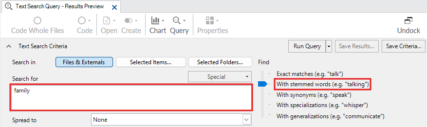 In the Text Search Query window, the search field is outlined in red and completed with family. A red box is around the With stemmed words option.