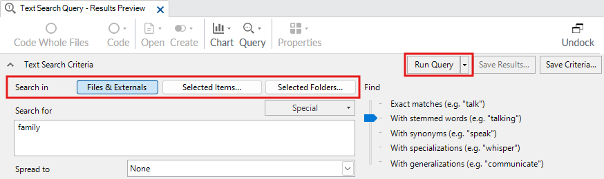 In the Text Search Query window, a red box outlines the Search in settings and Run Query.