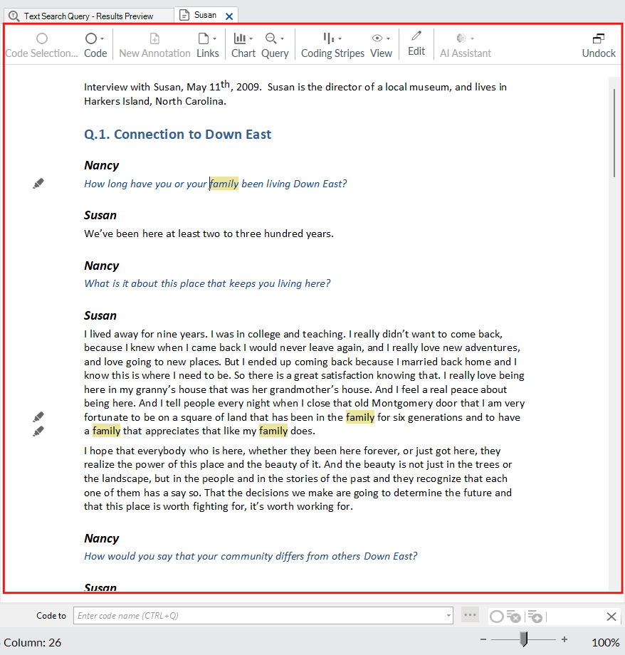 Red box around the open Susan file. All mentions of family a highlighted in yellow.