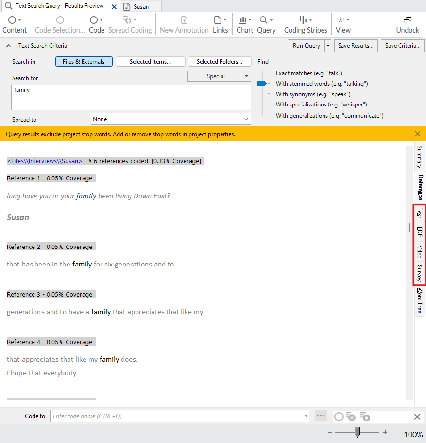 In the Text Search Query window, a red box outlines the four tabs below Summary.
