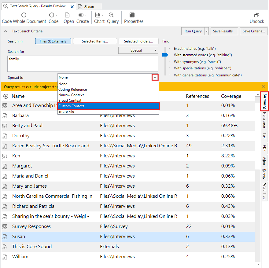 NVivo text search interface showing Summary tab on right and Spread to drop-down highlighted.