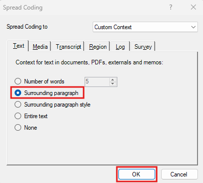 Surround paragraph option and OK button are highlighted in Spread Coding pop-up window.
