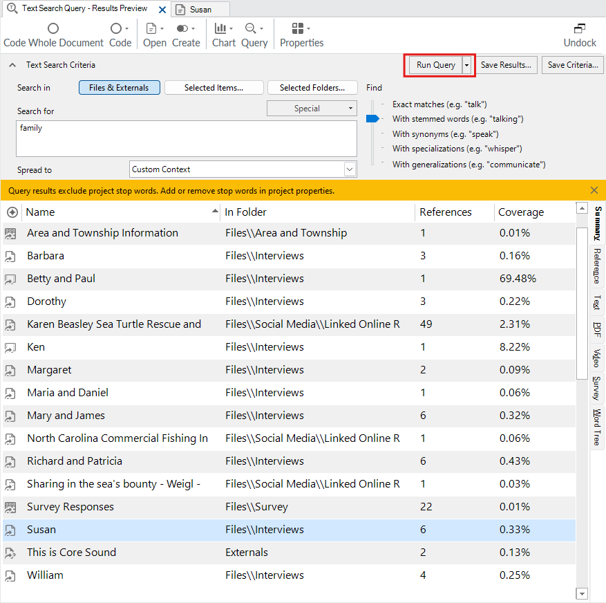 NVivo text search interface with the run query button highlighted.