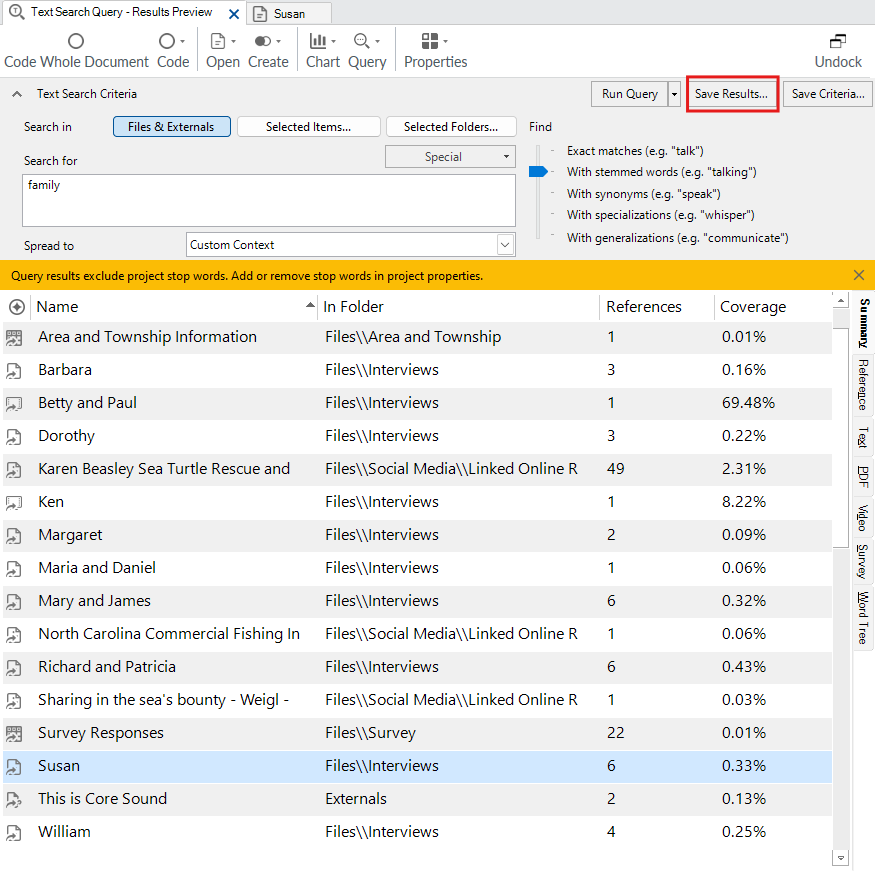 NVivo text search interface with Save Results... button highlighted.