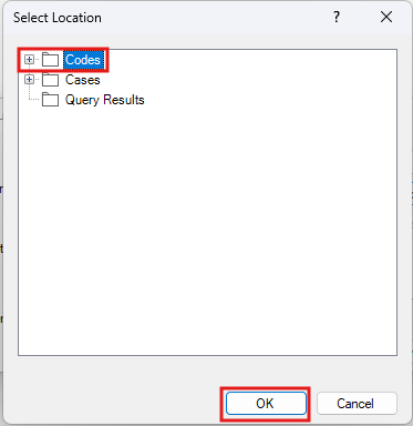 Select Location pop-up window with Codes and the OK button highlighted.