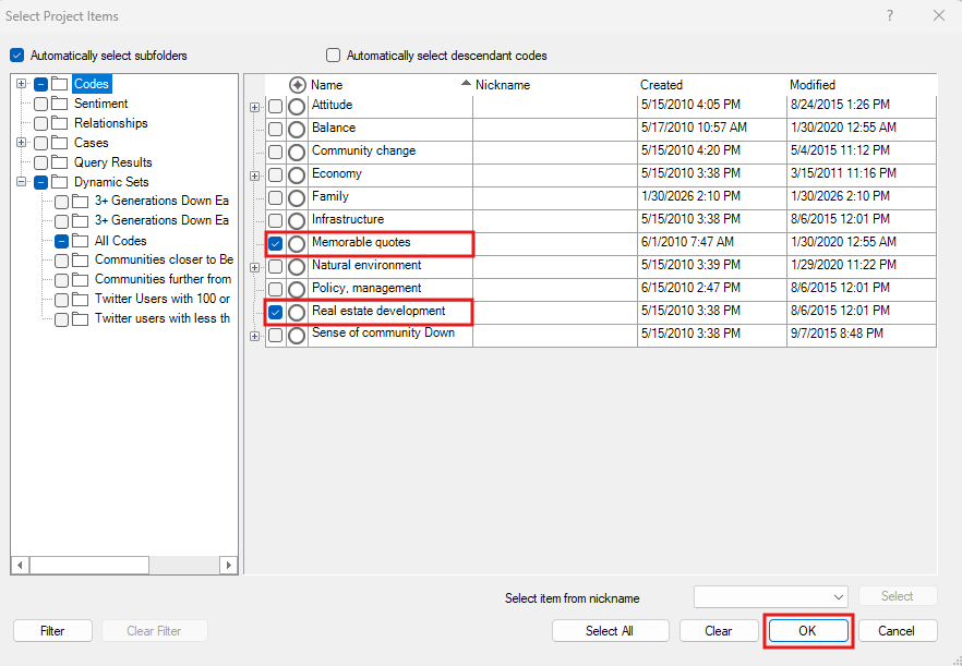 Select Project Items Window with the Nodes folder open and Memorable quotes and Real Estate development selected and outlined in red. Red box around OK.