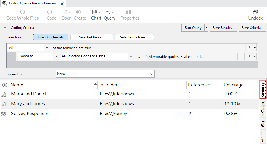 In the Coding Query window, a red box outlines the Summary tab.
