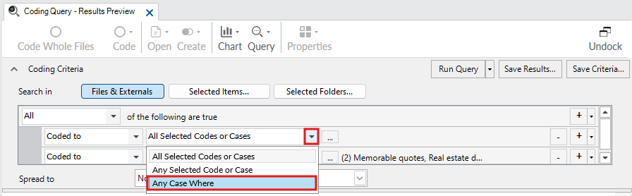The code or case dropdown menu outlined in red with Any case where selected.
