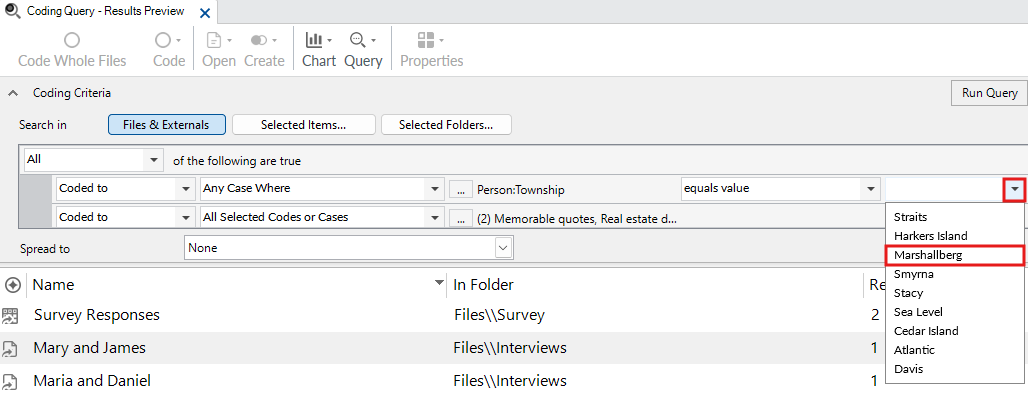 Red box around the open dropdown menu beside equals value, with Marshallberg selected.