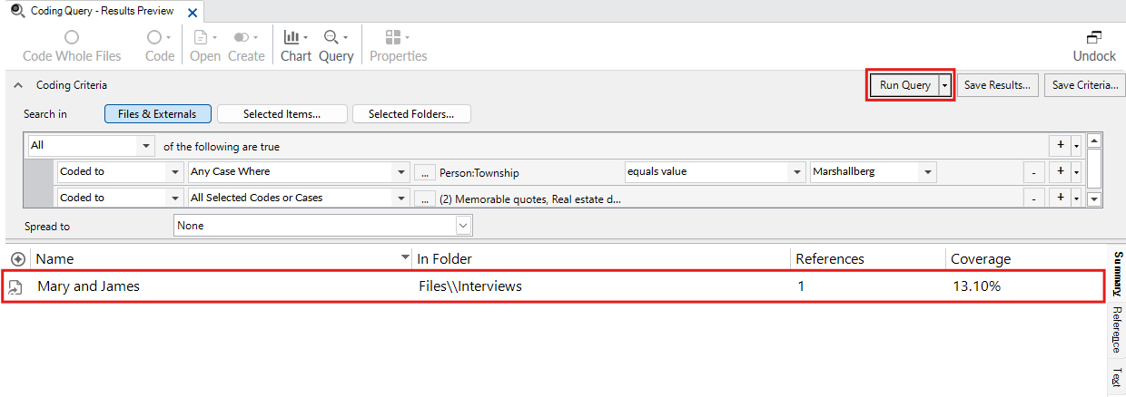 In the Coding Query Results Preview window, in the results table, a red box around the one entry.