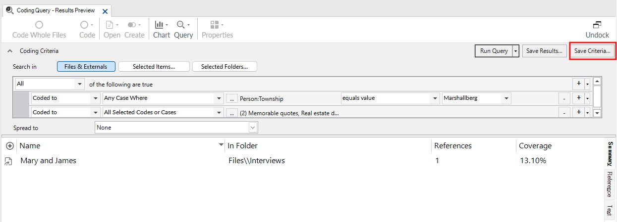 In the Coding Query Results Preview Window, a red box around Save Criteria
