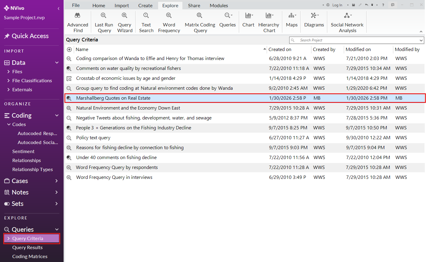 In the left menu, under Queries, a red box around Query Critera. In the Queries list, a red box around Mashallberg Quotes on Real Estate.