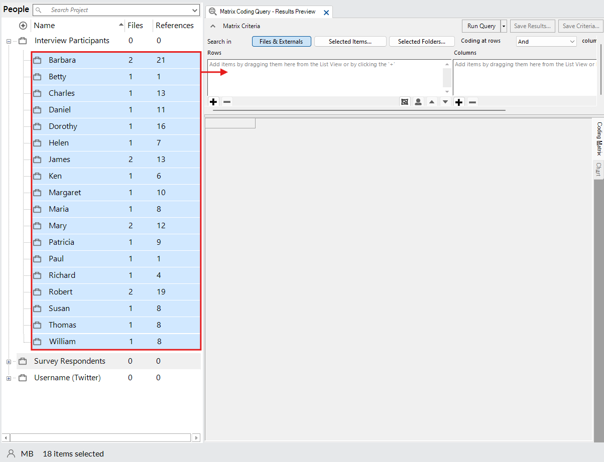 Under Interview Participants, all cases are selected and outlined in red, with an arrow pointing to the Rows field of the Matrix Coding Query window.