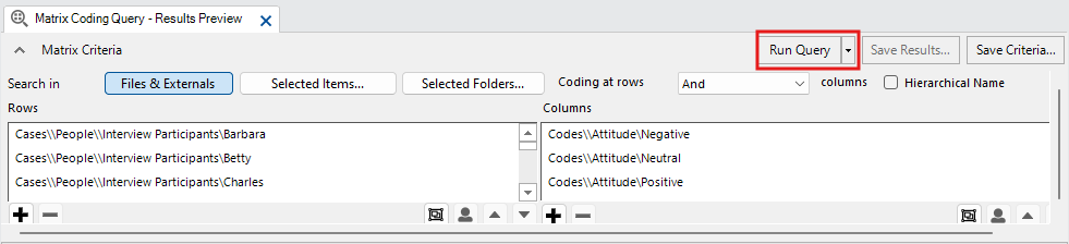 In the Matrix Coding Query Results Preview Window, a red box around Run Query.