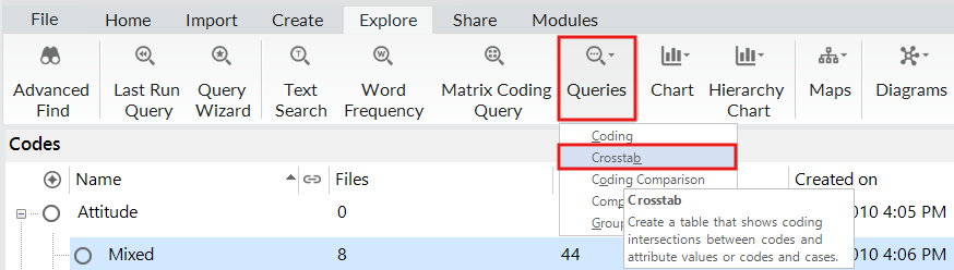 In the top Ribbon, under the explore tab, a red box around Queries and Crosstab.