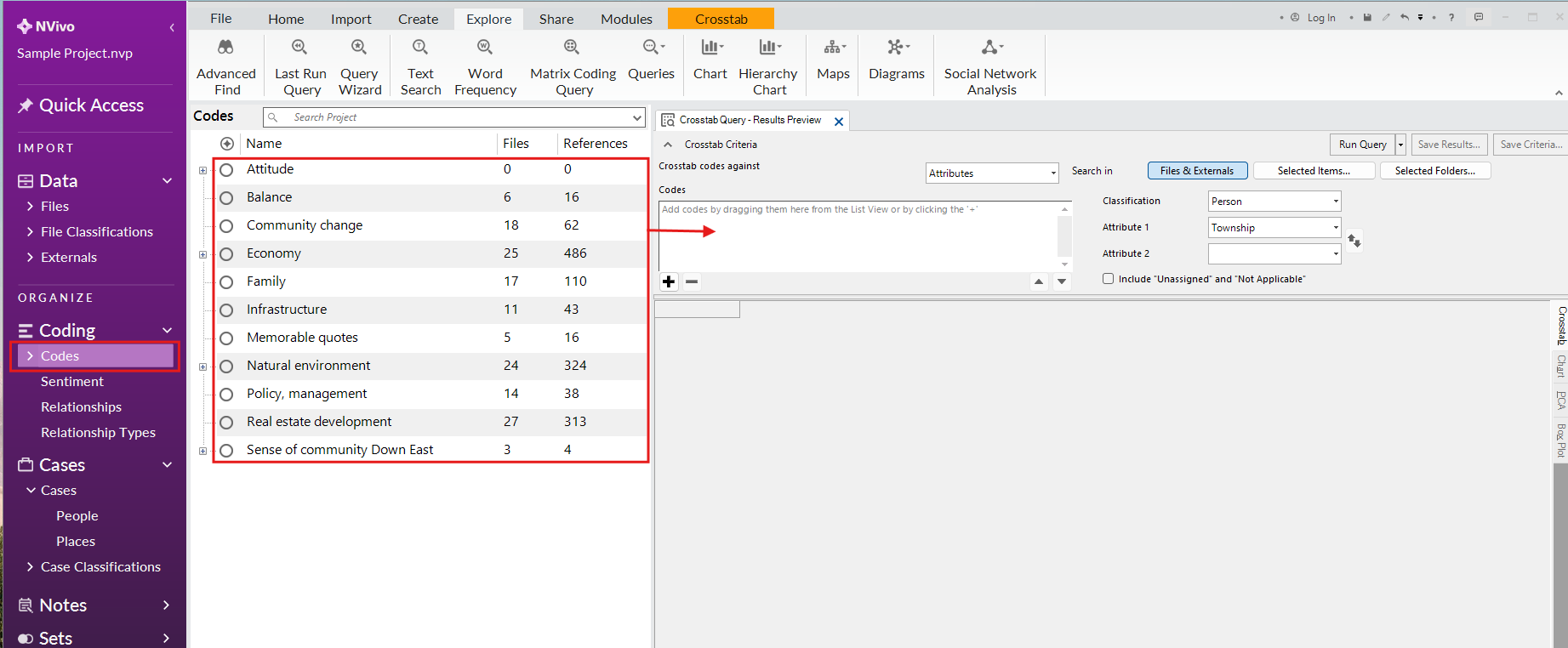 In the left menu, under Coding, a red box around the Codes folder. Under Codes, all codes are selected and outlined in red, with an arrow pointing to the codes field of the Crosstab Query window.