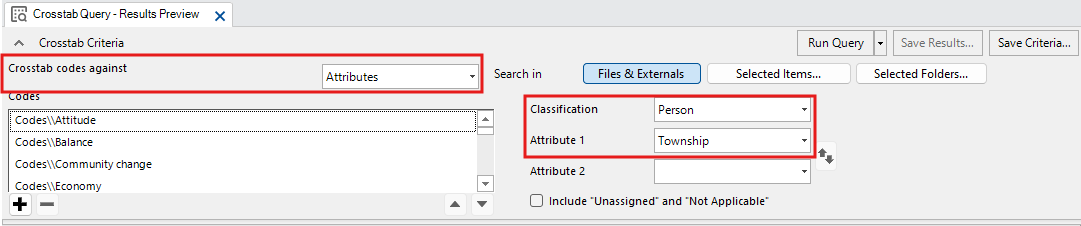 In the Crosstab Query Window, Crosstab codes against is set to Attributes, Classification is set to person, and Attribute 1 is set to Township. A red box outlines these three settings.