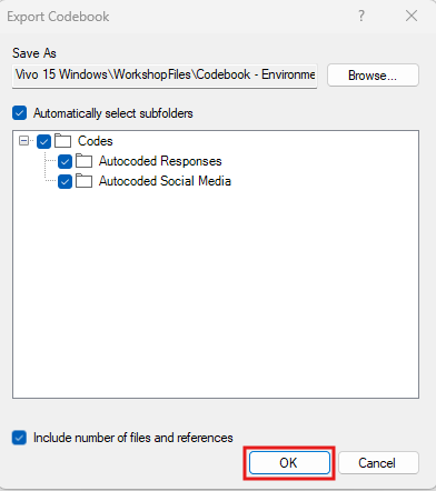 Export Codebook window with a red box around OK.