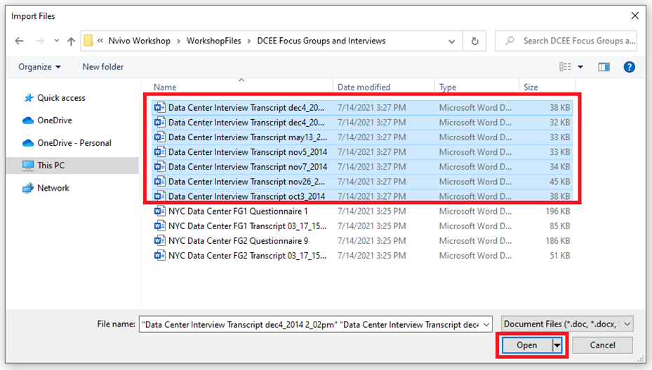 Import Files window at the DCEE Focus Groups and Interviews folder, all Data Center Interview files highlighted and selected. Red box around the open button.