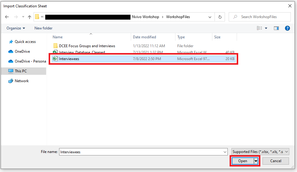 Import Classification Sheet window file explorer at the workshop folder, Interviewees.xml selected. Red box around the open button.