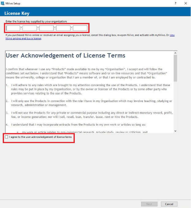  Nvivo License Terms with agreement option selected