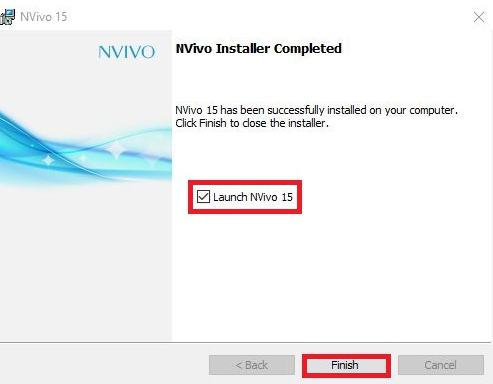 Nvivo Installed complete with Launch option selected and Finish highlighted