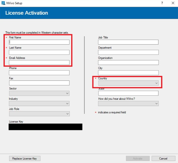 License Activation screen with First Name, Last Name, Email Address and Country highlighted