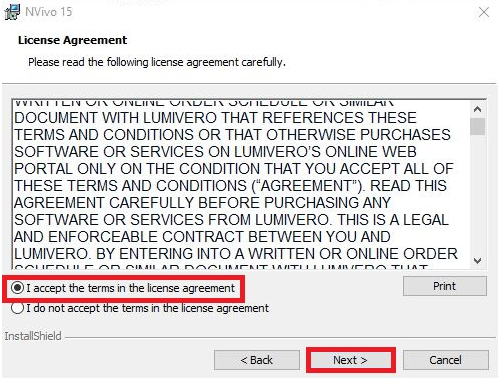  NVivo Installer with License Agreement and I accept terms of agreement highlighted and Next highlighted