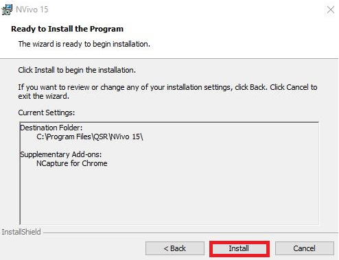  NVivo Installer with current settings and Install button highlighted
