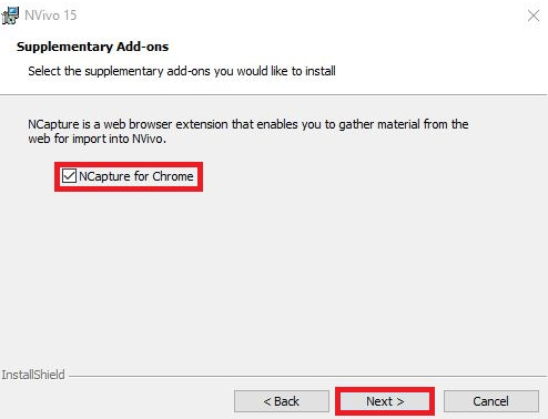 Nvivo installer with NCapture for Chrome selected and Next highlighted