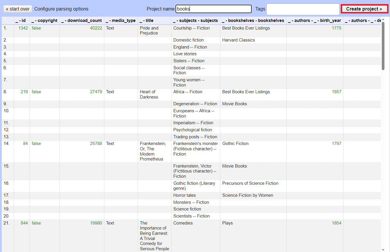 OpenRefine preview screen showing columns and rows on book information. 