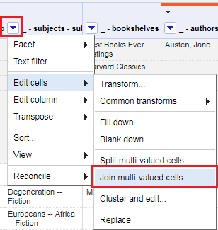 Drop down on subjects (labelled _ - subjects - subjects), edit cells, join multi-valued cells.