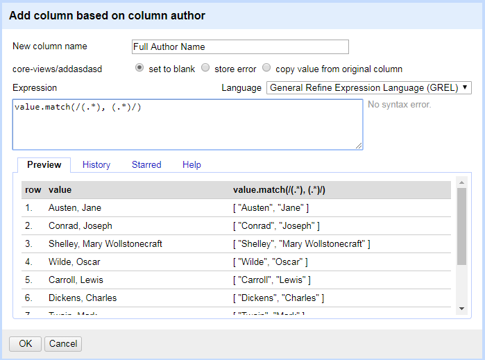 GREL expression for grouping the two parts of an author's name.