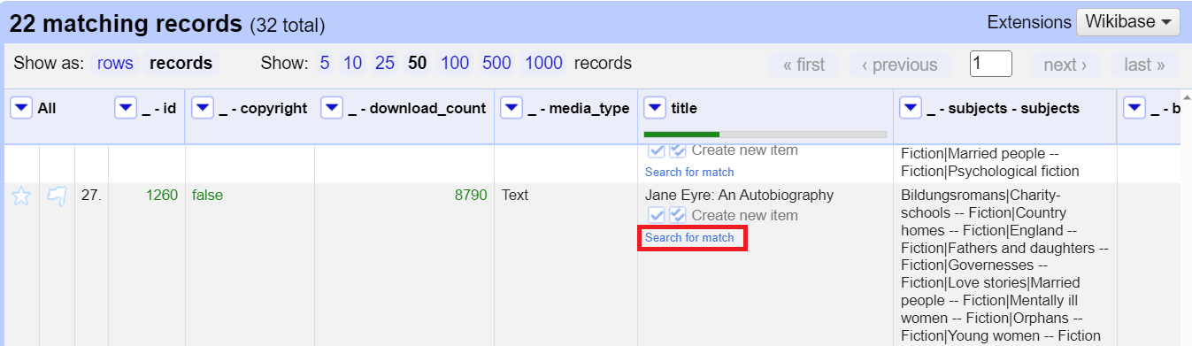 Under title column, Jane Eyre: An Autobiography is selected. The search for match option is highlighted. 