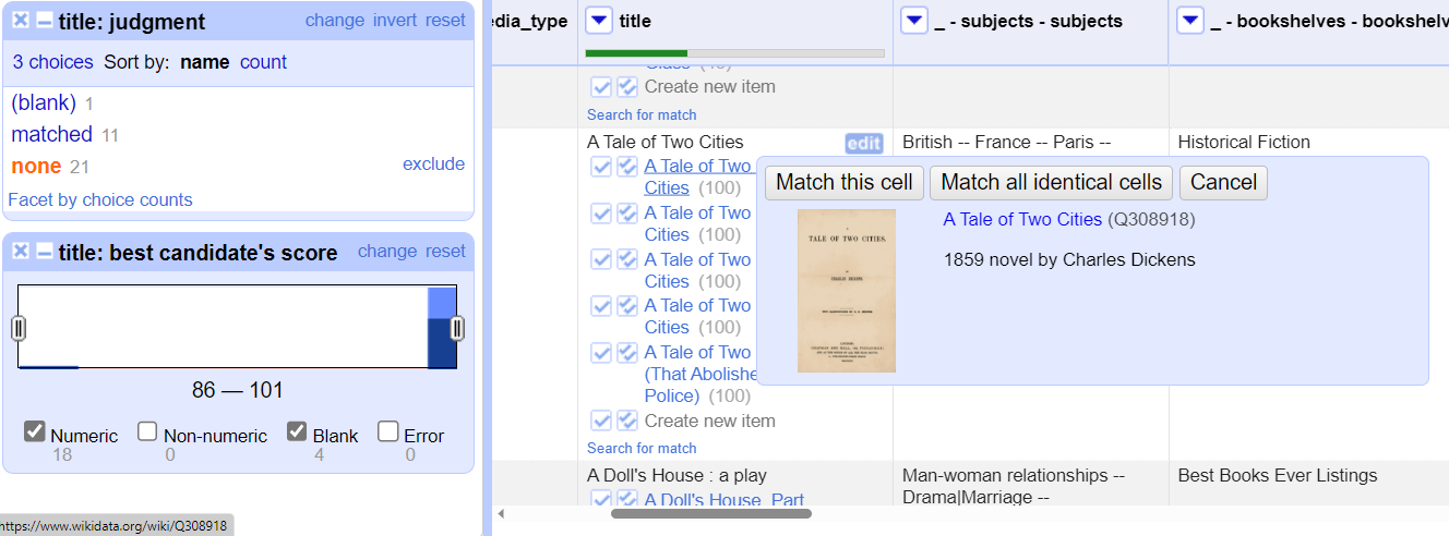 The title column with options to reconcile the cells. A Tale of Two Cities is selected. 