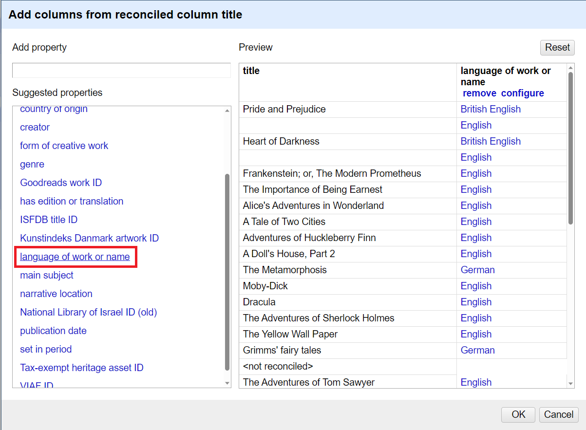 In the add columns from reconciled columns pop up, language of work or name has been selected. 