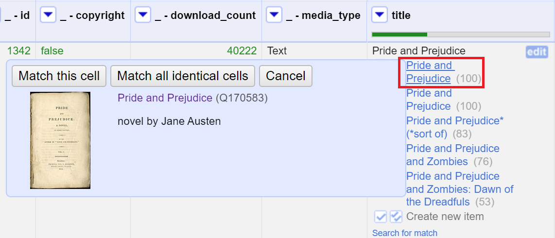 Under the title column, Pride and Prejudice is selected. 