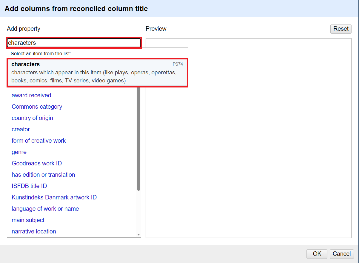 In the add columns from reconciled columns pop up, characters has been added to the search bar. The characters option has been selected. 
