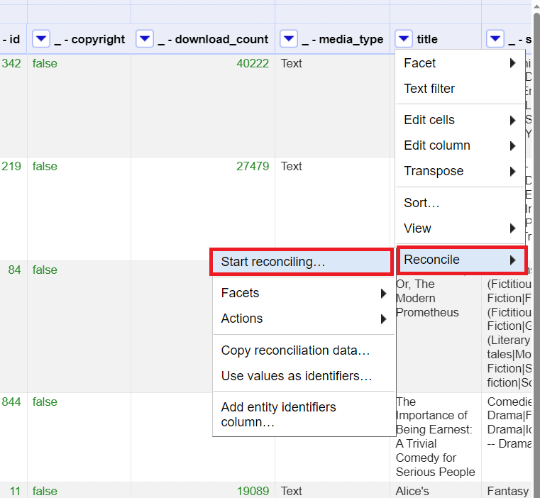 from the title column pull down menu, reconcile is selected, followed by start reconciling 