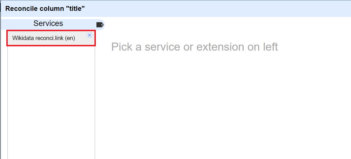Reconcile column pop up. Wikidata option is selected. 