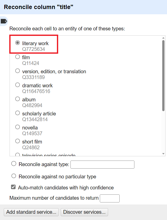 Reconcile column pop up. Literary work is selected. 