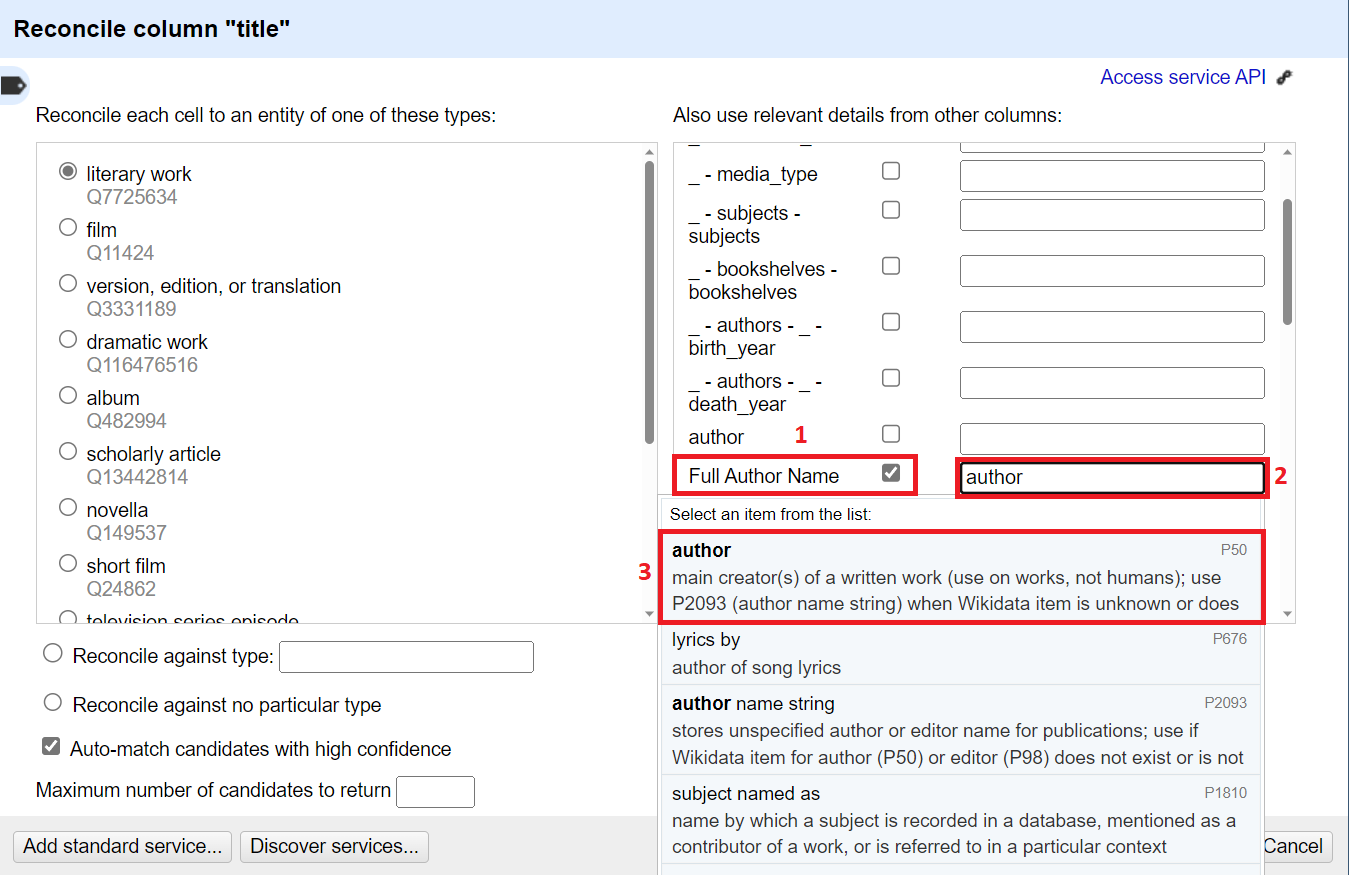 Once literary work is selected, in the right side column, full author name is selected. 
