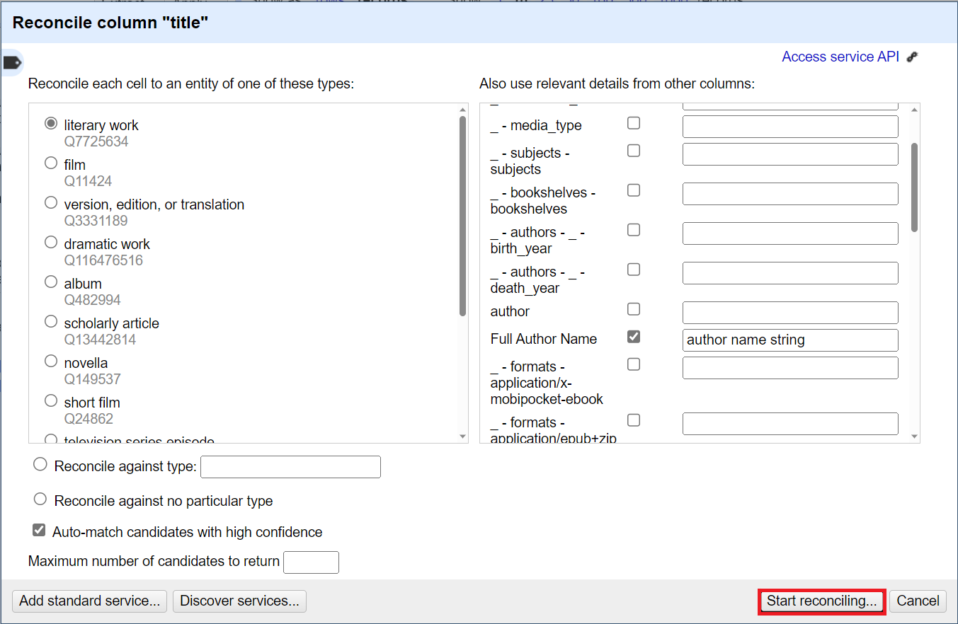 In the reconcile column pop up menu, start reconciling is selected. 