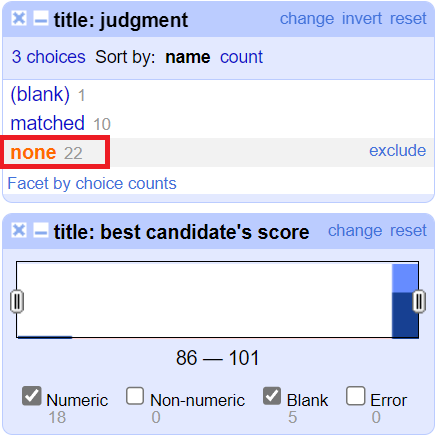 In the title text facet, the option None is selected. 
