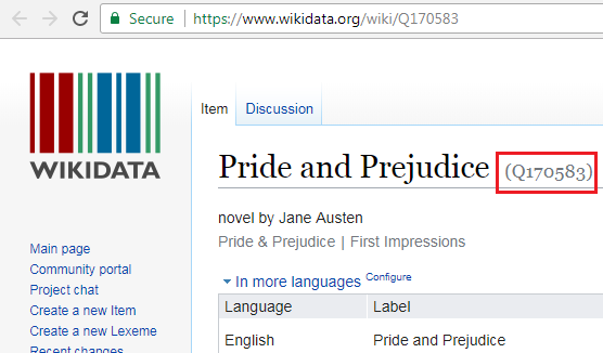 Wikidata entry for Pride & Prejudice with the ID number highlighted